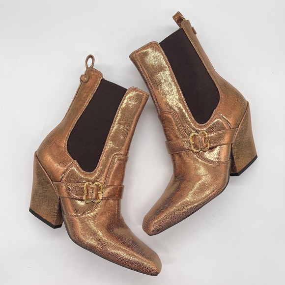 SAM EDELMAN Suzette Buckled Western Booties Womens 8 Gold Bronze Lizard Embossed - Picture 5 of 10